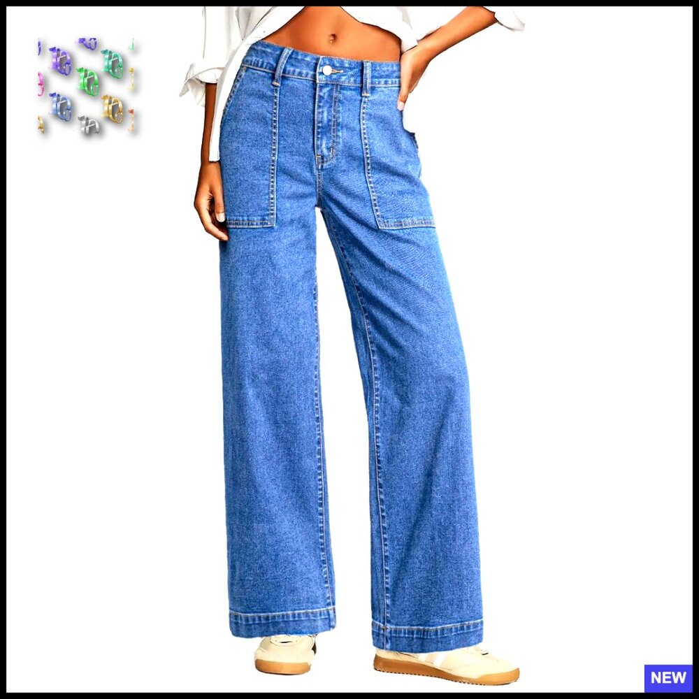 High Waisted Stretch Jeans Loose Fit Straight Leg Colorblock Denim Pants